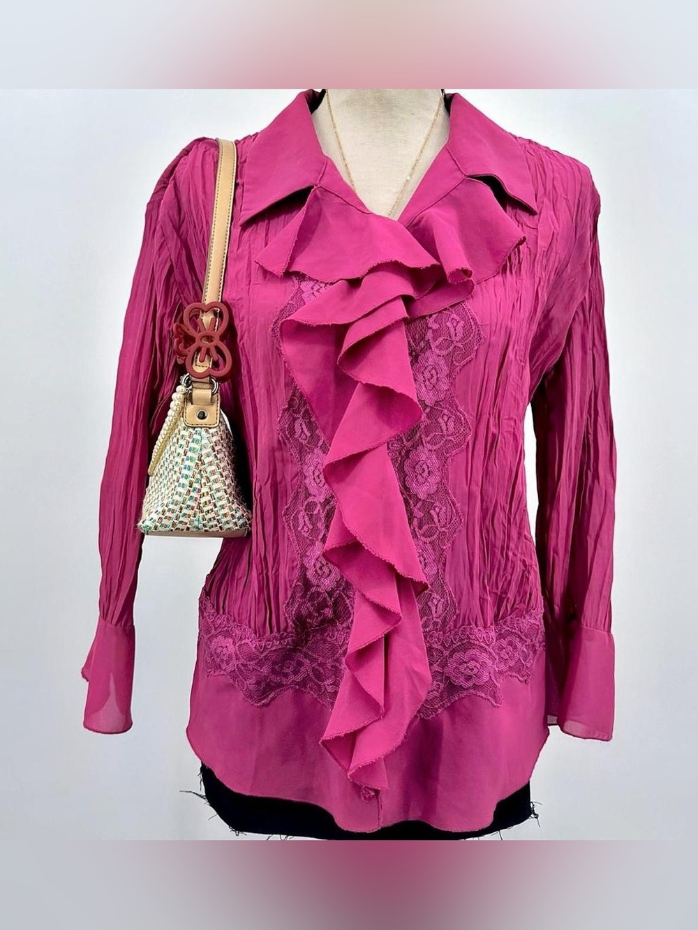 Pink Ruffled Lace button up pleated blouse women’s sz 14